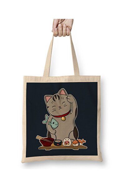Toyaso Geantă din pânză Sushi Cat Lucky pisică Geantă de cumpărături cu mâner...