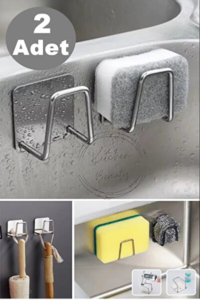 İndirimKap 2 Adet Paslanmaz Krom Yapışkanlı Bulaşık Süngeri Tutucu Ve Evye Dü...