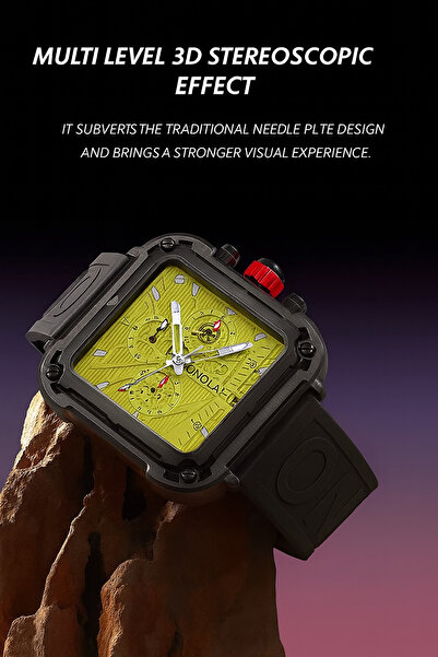 onola Watch 6831 – Sports chronograph with square dial, silicone strap, luminous display, 3BAR, silver/green