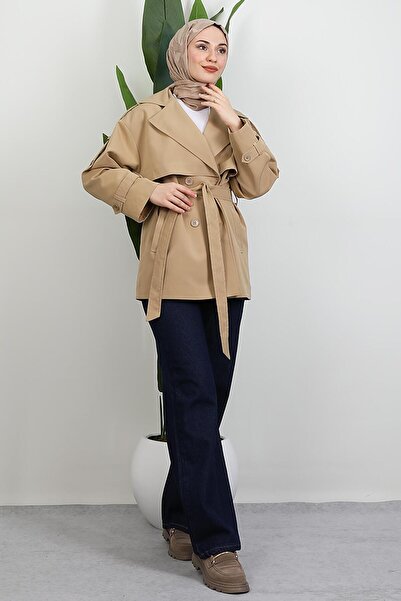 GİYZAMİLA Κοντή καμπαρντίνα με λεπτομέρεια ζώνης, καφέ γαλακτοκομικό