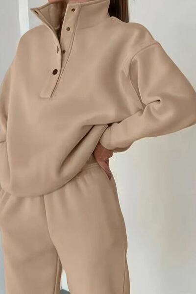 Mossta Mock Neck Button Three Thread Blouse Pants Double Suit - Beige