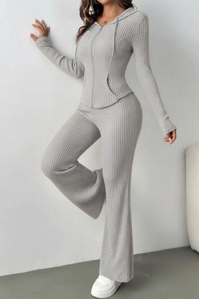 Mossta Front Zippered Ribbed Knit Blouse and Pants Two-Piece Set - Gray