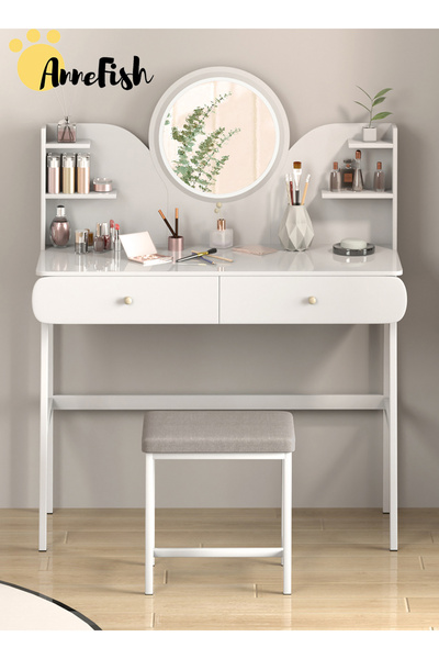 AnneFish Bedroom Dresser Stool Set With LED Light Mirror And Drawers For Make Up Vanity Table 3 Levels Light