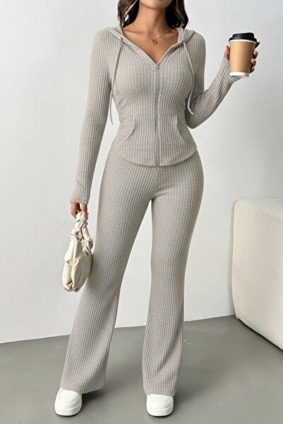 Mossta Front Zippered Camisole Blouse Pants Two-Piece Set - Beige