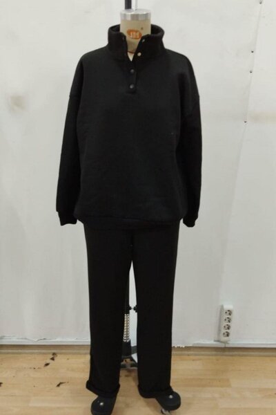 Mossta Mock Neck Button Three Thread Blouse Pants Double Suit - Black