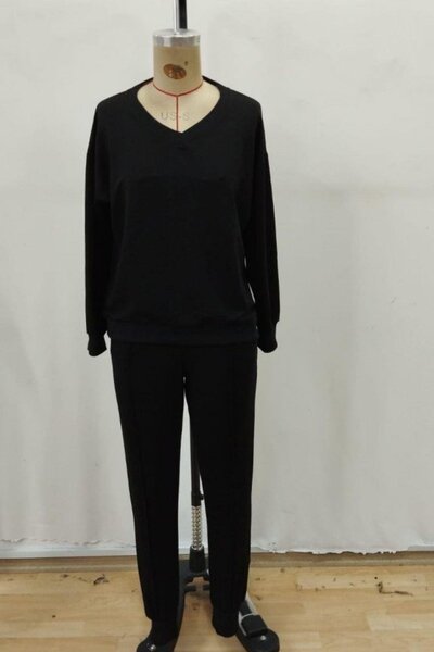 Mossta V-Neck Viscose Two Thread Blouse Pants Two-Piece Set - Black