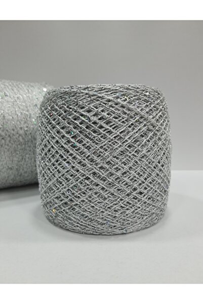 İPLİKOUTLET Beyaz Üzeri Gümüş Simli Hologram Pullu İp 200 Gram