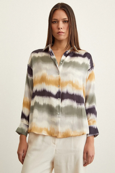 MAMAYAGA Women's Long Sleeve Watercolor Patterned Colorful Cotton Satin Premium Quality Sporty Stylish Shirt