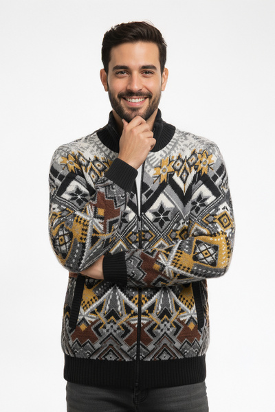Pulltonic Erkek Fermuarlı Etnik Desenli Hırka | %68 Kuzu Yünü