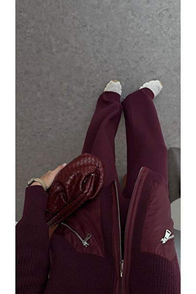 manana fashion Paraşüt Paneled Premium Plum Knitwear Cardigan Trousers Set