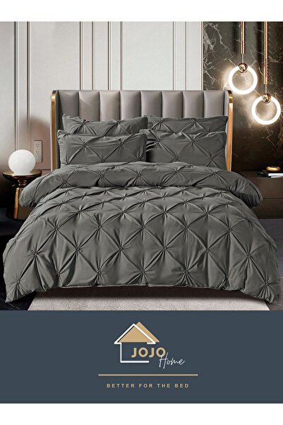 JOJO HOME Premium bedding set, 230x250cm, 6 pieces, with embroidered pleats, Dark Grey