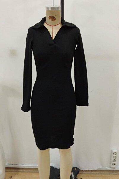 Mossta Polo Neck Mini Ribbed Knit Dress (Without Belt) - Black