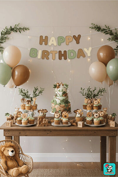 Bunloon Özel Kesim Happy Birthday Retro Kahve Banner - Modern Boho Doğum Günü Yazısı