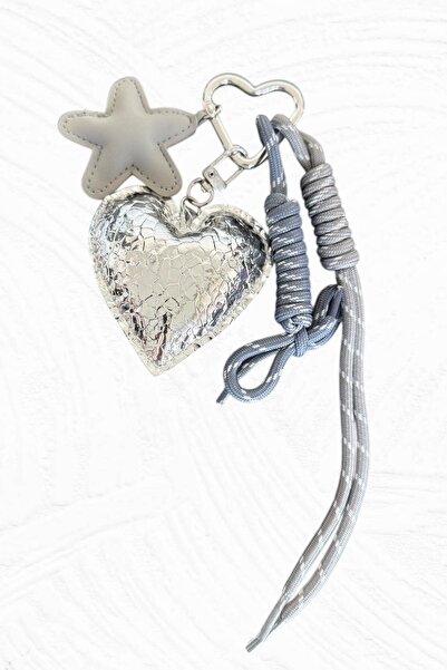 TAKIŞTIR Gray Color Heart and Star Figured Bag Charm/ Keychain