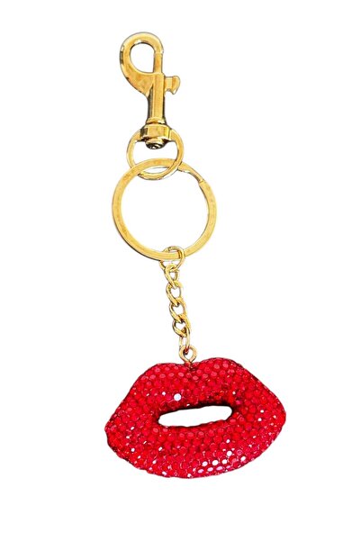 TAKIŞTIR حقيبة/سلسلة مفاتيح بتصميم شكل الشفاه باللونين الذهبي والأحمر مع تفاصيل حجرية