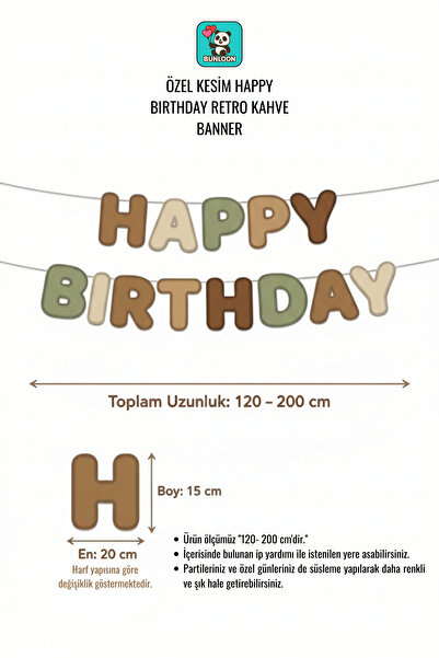 Bunloon Özel Kesim Happy Birthday Retro Kahve Banner - Modern Boho Doğum Günü Yazısı