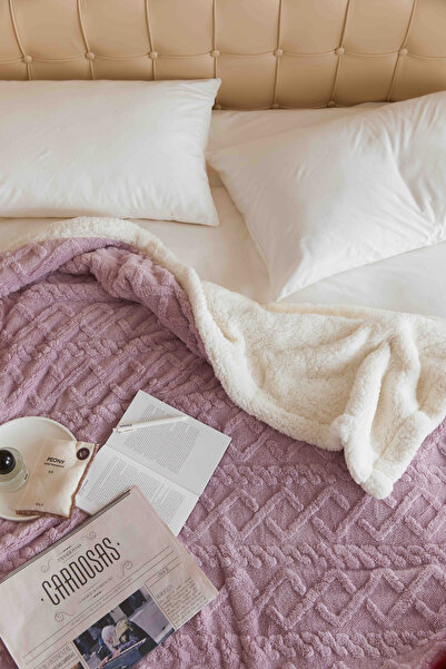 JOJO HOME Warm cocolino blanket, knitted pattern, 200x230cm, Lilac