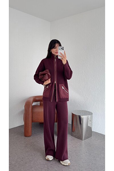 manana fashion Paraşüt Paneled Premium Plum Knitwear Cardigan Trousers Set