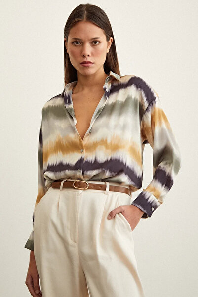 MAMAYAGA Women's Long Sleeve Watercolor Patterned Colorful Cotton Satin Premium Quality Sporty Stylish Shirt