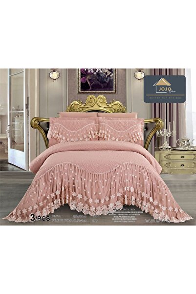 JOJO HOME Duvet Cover and 2 Pillowcases, with Embroidered Ruffles, 3 Pieces, 220X280cm, Salmon