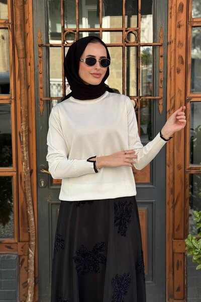Kayra Sleeve and Collar Piped Plain Basic Knitwear Sweater Ka-Sz-Trk14