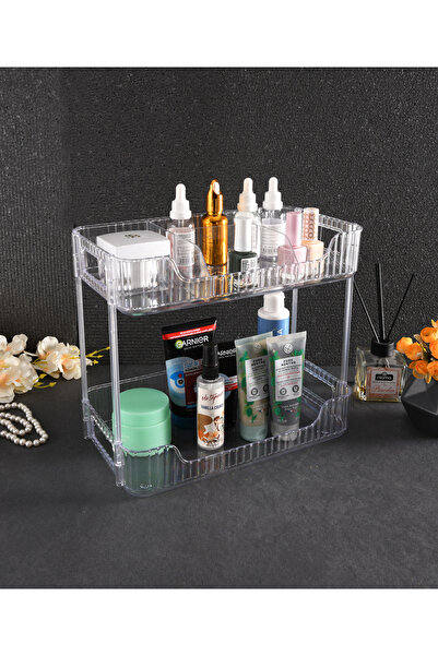 HOMEU 2 KATLI KRİSTAL BÖLMELİ RAF DÜZENLEYİCİ TAKI TOKA BİJUTERİ MAKYAJ BANYO...