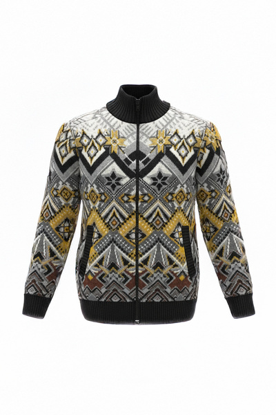 Pulltonic Erkek Fermuarlı Etnik Desenli Hırka | %68 Kuzu Yünü