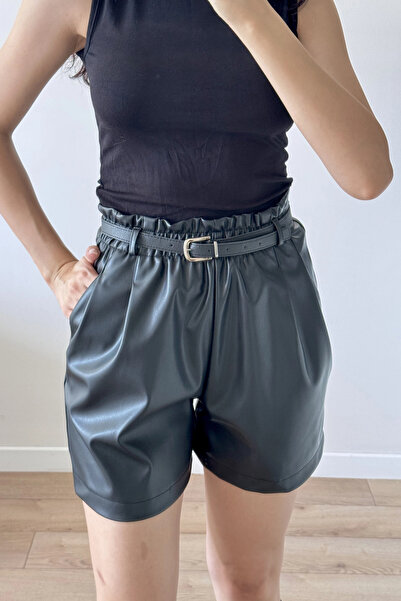 Eka Women's Black Elastic Belted Leather Shorts 30321