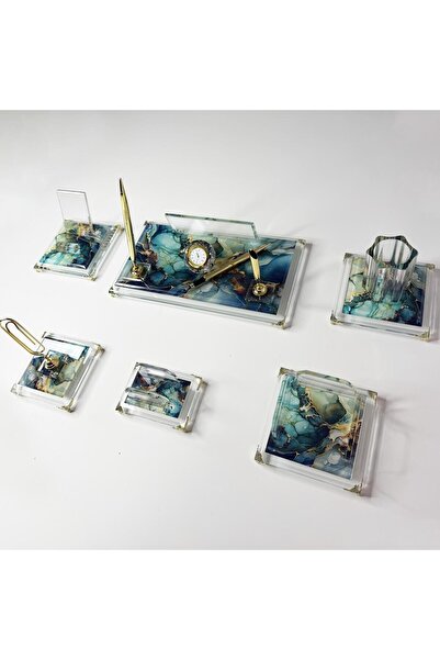 MERTKRİSTAL Kristal Mermer Desen Masa İsimlik seti MD6 Ofis hediyesi - Sümen Takımı