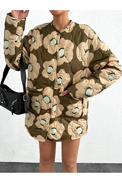 BORCKA TEKSTİL Çiçek Desenli Kapitone Oversize Kadın Mont