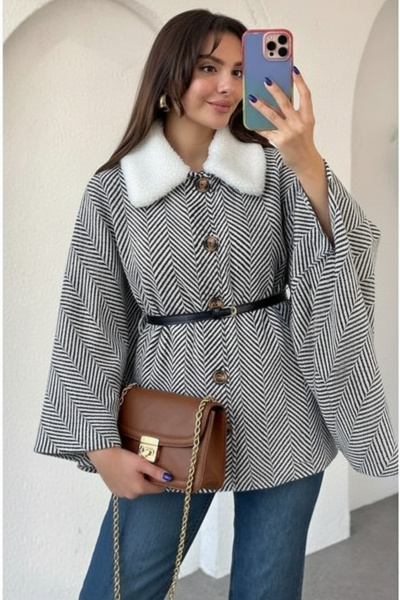 İpli Zebra Patterned Oversized Poncho Hijab Sport Model with Buttoned Belt Detail