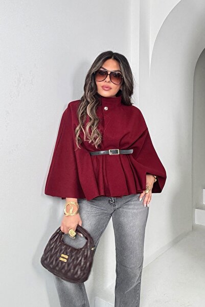 Sohotique By P Kaşe Fabric Belted Poncho Burgundy