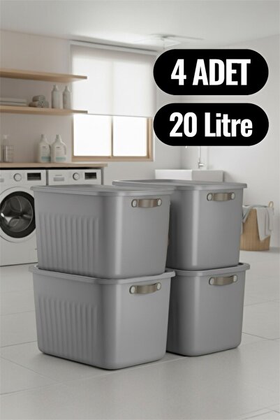 Bayev 4 Adet Gri 20 Lt Boxsis Set Mega Boy Çok Amaçlı Kapaklı Kutu Dolap Düze...