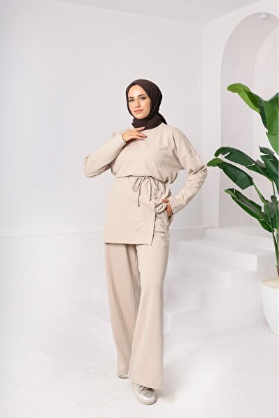 onlymoon Women's Beige Top and Bottom Set ♦   Tie the Waist ♦   Button Slit Detail ♦   2 Yarn Knitted Fabric ♦   Comfortable Fit