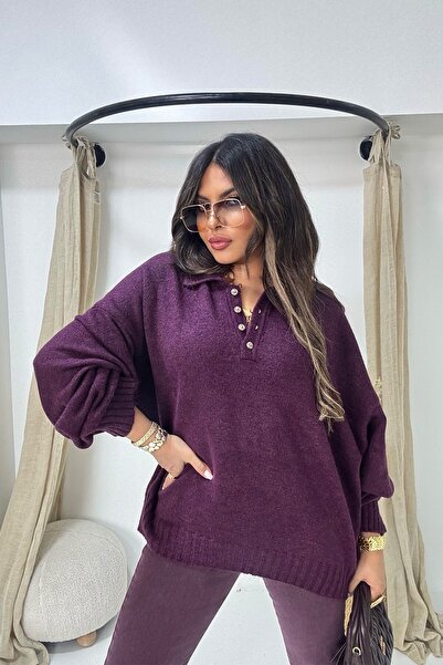 Sohotique By P Μαλακό πουλόβερ με γιακά πόλο με κουμπιά, μούρι