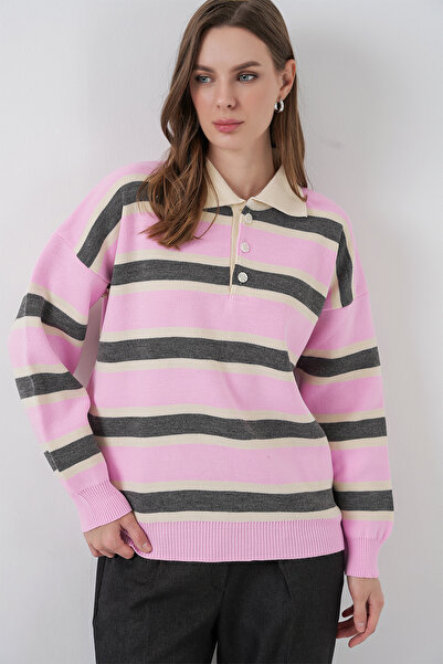 Bigdart Pulover tricotat cu guler polo cu dungi pentru femei 15952 - roz