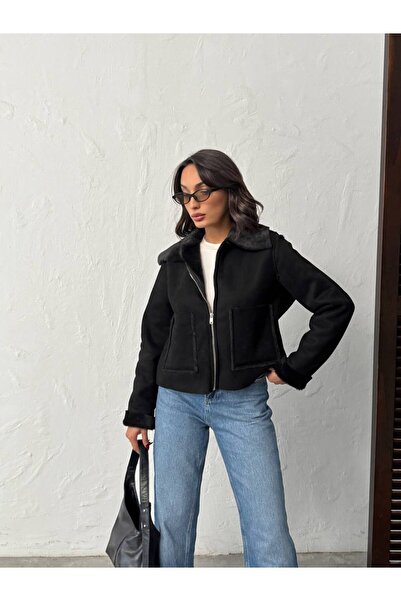 VELZANA Black Rabbit Fur Suede Coat Jacket