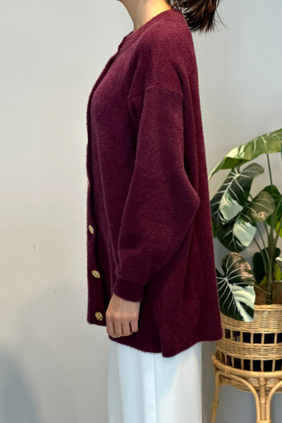 Lale Butik Gold Button Detail Cardigan 25008 Plum