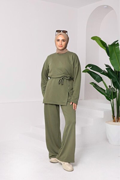onlymoon Women's Khaki Top and Bottom Set ♦ Tie the Waist ♦ Button Slit Detail ♦ 2 Yarn Knitted Fabric ♦ Comfortable Fit