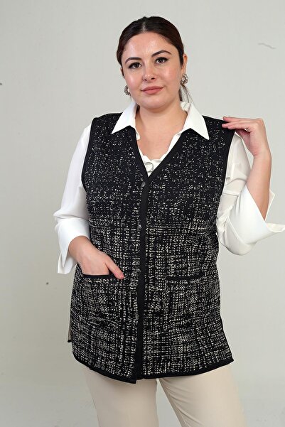 By Saygı Жіночий короткий трикотажний жилет великого розміру з металевими ґудзиками та візерунком «лапка»