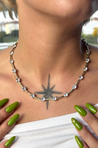 TAKIŞTIR Altın Renk Taş Detaylı 14K Altın Kaplama VİP Kolye