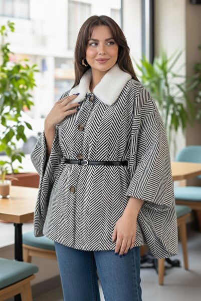 İpli Zebra Patterned Oversized Poncho Hijab Sport Model with Buttoned Belt Detail