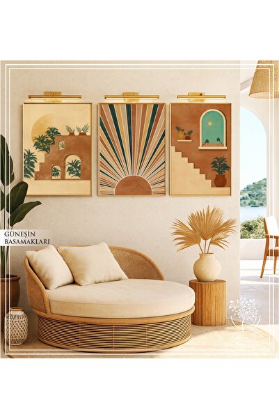 Tablomtr Güneşin Basamakları - Dijital Baskılı Gold Metal Çerçeveli Gerçek Camlı 3'lü Dekoratif Tablo