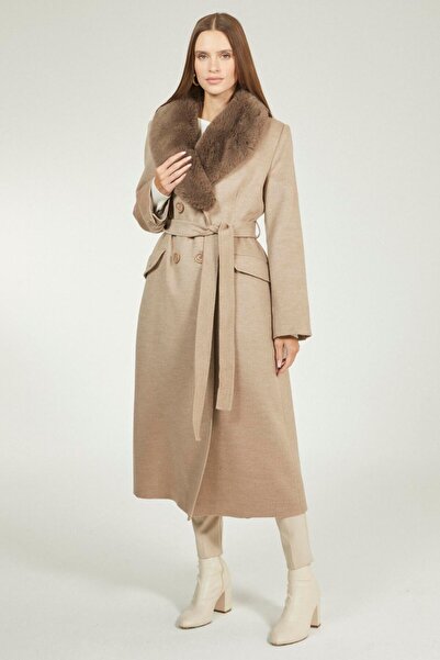 Zühre Collar Fur Detailled Coat Latte 12358