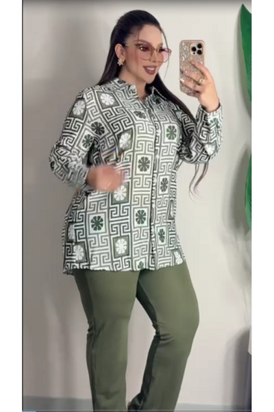 BONİTA FASHİON Relaxed Fit Plus Size Stylish Patterned Long Shirt & High Wais...
