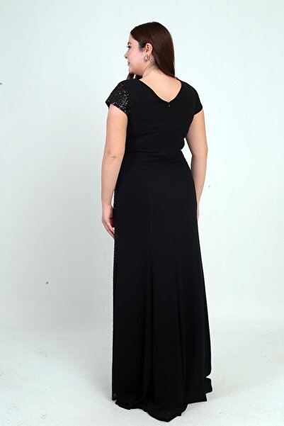 By Saygı Women's Double-Breasted Collar Lined Side Bead Paneled Plus Size Long Chiffon Dress