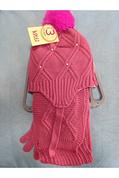 Kitti Scarf, Beret, and Gloves 3-Piece Set for Girls Aged 4-8 with Pearl Stones.
