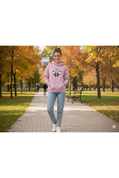 Kadın Panda Baskılı Oversize Kapüşonlu Sweatshirt
