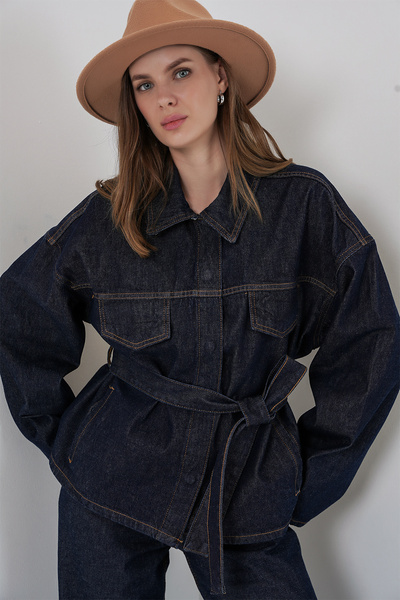 Bigdart Jachetă pentru femei Pantaloni Blugi Set dublu 30059 - Albastru închis