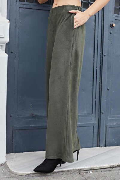 Jument Women's Suede Textured Fabric High Waist Side Pockets Elastic Waist Wide Leg Palazzo Pants - Khaki